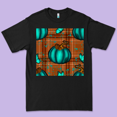 Turquoise Pumpkin Plaid Seamless Pattern Premium Tee Designed By Bundleandbundleshop