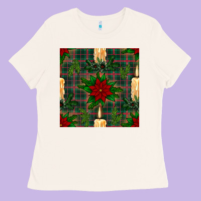 Christmas Candle And Ornaments Seamless Pattern Ladies Tee Designed By Bundleandbundleshop