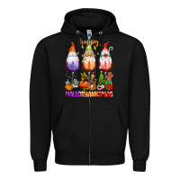 Black Happy Hallothanksmas wine glasses and gnomes Zipper Hoodie - texasbilliewilder