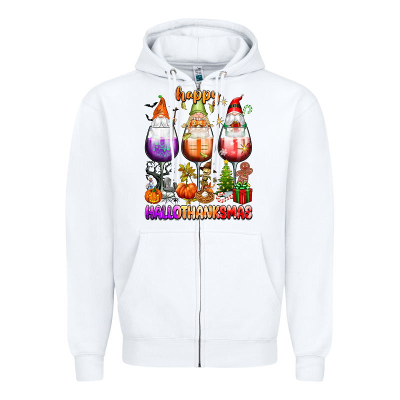 Happy Hallothanksmas Wine Glasses And Gnomes Zipper Hoodie by texasbilliewilder | Teevron