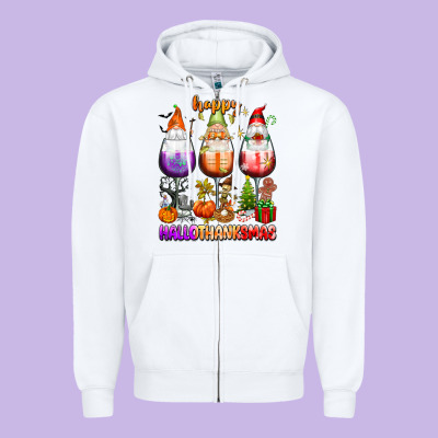 Happy Hallothanksmas Wine Glasses And Gnomes Zipper Hoodie Designed By Texasbilliewilder