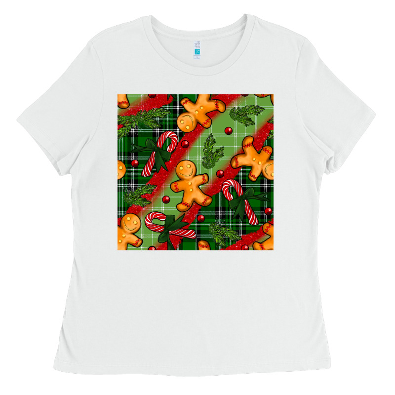 Christmas Gingerbread Man And Candy Cane Seamless Pattern Ladies Tee by BundleAndBundleShop | Teevron