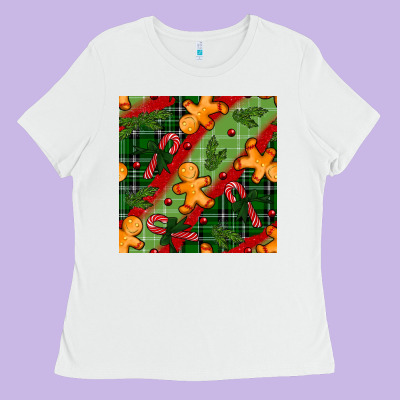 Christmas Gingerbread Man And Candy Cane Seamless Pattern Ladies Tee Designed By Bundleandbundleshop