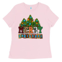 Bubblegum Pink merry christmas with christmas trees Ladies Tee - AdoDesignShop