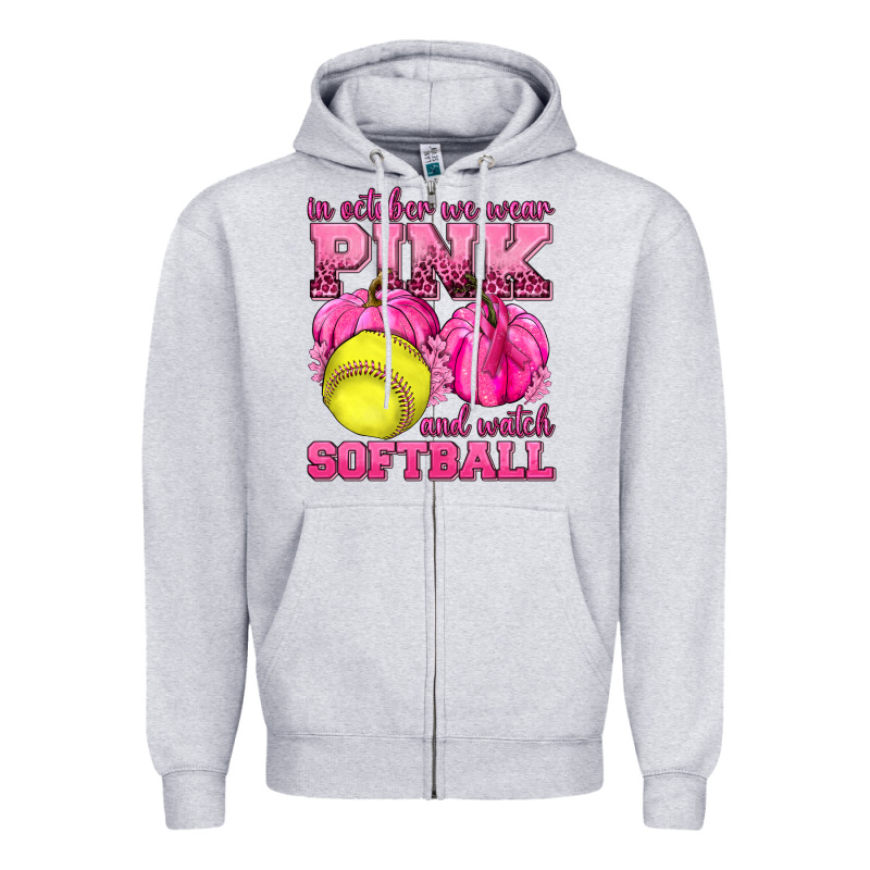 In October We Wear Pink And Watch Softball Zipper Hoodie by texasbilliewilder | Teevron