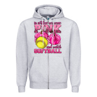 Heather Grey In October We Wear Pink and Watch Softball Zipper Hoodie - texasbilliewilder