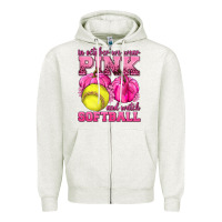 Oatmeal Heather In October We Wear Pink and Watch Softball Zipper Hoodie - texasbilliewilder