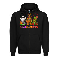 Black Happy Hallothanksmas with ghost turkey and tree Zipper Hoodie - texasbilliewilder