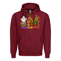 Burgundy Happy Hallothanksmas with ghost turkey and tree Zipper Hoodie - texasbilliewilder