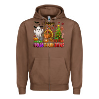 Chestnut Happy Hallothanksmas with ghost turkey and tree Zipper Hoodie - texasbilliewilder