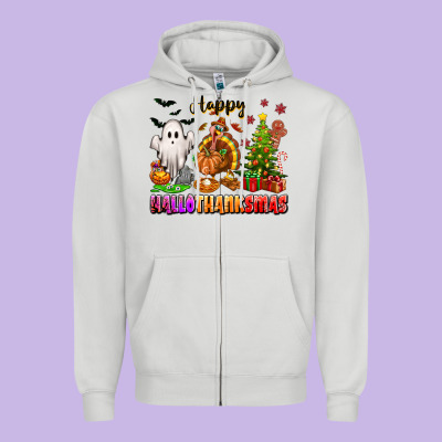 Happy Hallothanksmas With Ghost Turkey And Tree Zipper Hoodie Designed By Texasbilliewilder