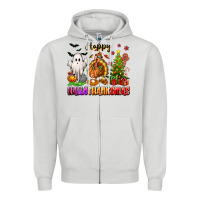 Dove Grey Happy Hallothanksmas with ghost turkey and tree Zipper Hoodie - texasbilliewilder