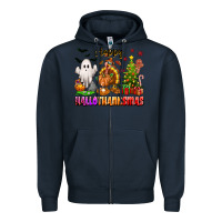 Navy Happy Hallothanksmas with ghost turkey and tree Zipper Hoodie - texasbilliewilder