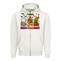 Oatmeal Heather Happy Hallothanksmas with ghost turkey and tree Zipper Hoodie - texasbilliewilder