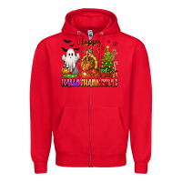 Red Happy Hallothanksmas with ghost turkey and tree Zipper Hoodie - texasbilliewilder