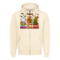 Sandshell Happy Hallothanksmas with ghost turkey and tree Zipper Hoodie - texasbilliewilder