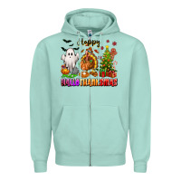 Seafoam Happy Hallothanksmas with ghost turkey and tree Zipper Hoodie - texasbilliewilder