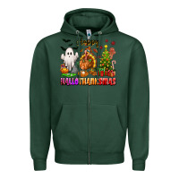Sports Green Happy Hallothanksmas with ghost turkey and tree Zipper Hoodie - texasbilliewilder