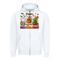 White Happy Hallothanksmas with ghost turkey and tree Zipper Hoodie - texasbilliewilder