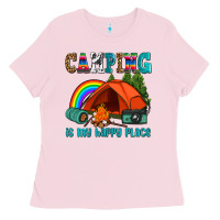 Bubblegum Pink camping is my happy  place Ladies Tee - AdoDesignShop