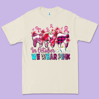 In October We Wear Pink Cancer Ribbon With Teeth Premium Tee Designed By Adodesignshop