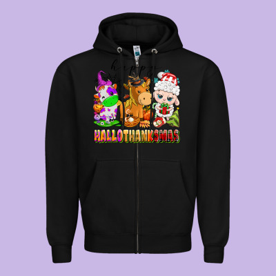 Happy Hallothanksmas Farm Animals Zipper Hoodie Designed By Texasbilliewilder