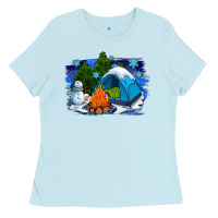 Baby Blue winter camping with camp fire Ladies Tee - AdoDesignShop