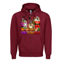 Burgundy happy hallothanksmas skeleton coffee cups Zipper Hoodie - texasbilliewilder
