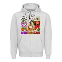 Dove Grey happy hallothanksmas skeleton coffee cups Zipper Hoodie - texasbilliewilder