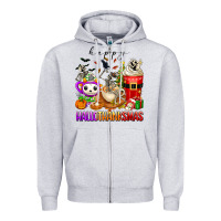 Heather Grey happy hallothanksmas skeleton coffee cups Zipper Hoodie - texasbilliewilder