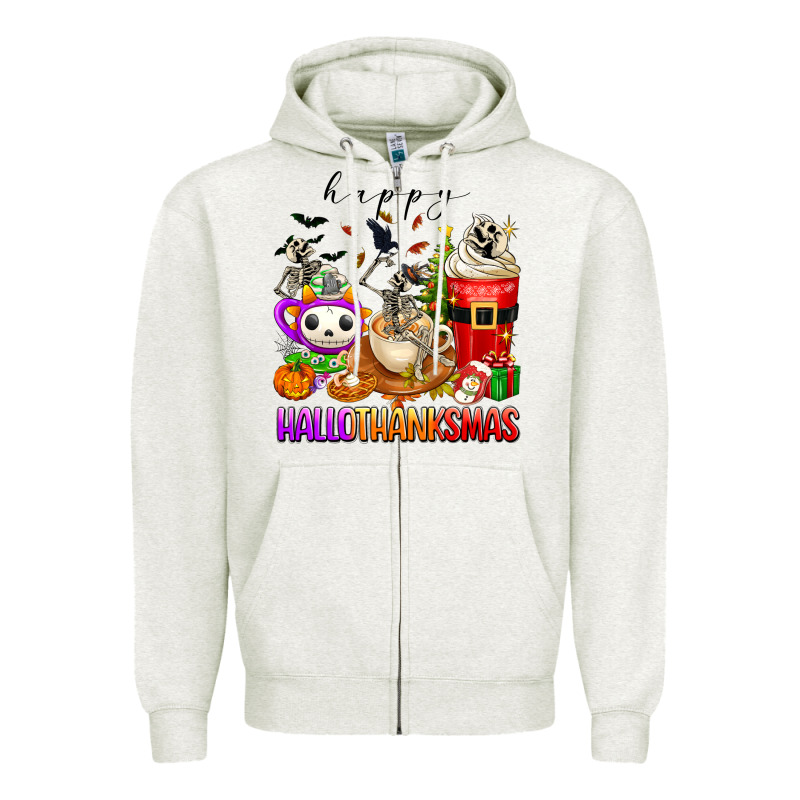 Happy Hallothanksmas Skeleton Coffee Cups Zipper Hoodie by texasbilliewilder | Teevron