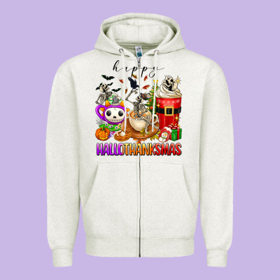 Happy Hallothanksmas Skeleton Coffee Cups Zipper Hoodie Designed By Texasbilliewilder