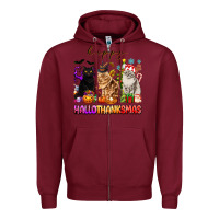 Burgundy happy hallothanksmas cats Zipper Hoodie - texasbilliewilder