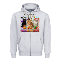 Heather Grey happy hallothanksmas cats Zipper Hoodie - texasbilliewilder