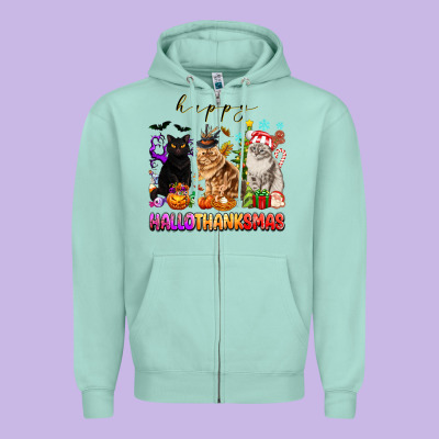 Happy Hallothanksmas Cats Zipper Hoodie Designed By Texasbilliewilder