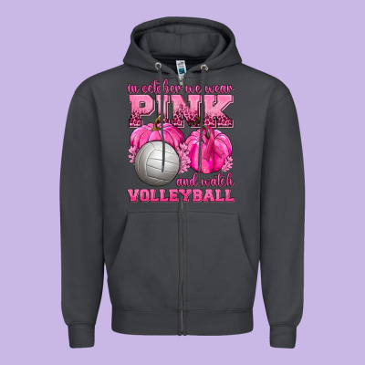 In October We Wear Pink And Watch Volleyball Zipper Hoodie Designed By Texasbilliewilder