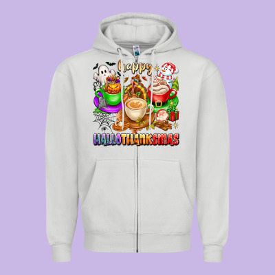 Happy Hallothanksmas Coffee Cups With Ghost Turkey Zipper Hoodie Designed By Texasbilliewilder