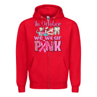 Red In October We Wear Pink Breast Cancer Awareness Zipper Hoodie - texasbilliewilder
