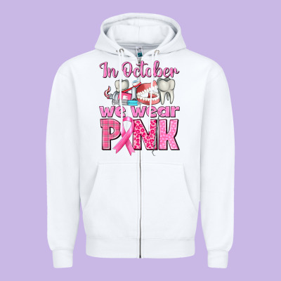 In October We Wear Pink Breast Cancer Awareness Zipper Hoodie Designed By Texasbilliewilder