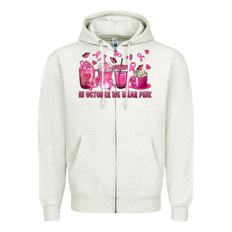 In October We Wear Pink With Breast Cancer Coffee Zipper Hoodie by texasbilliewilder | Teevron