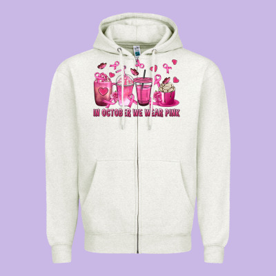 In October We Wear Pink With Breast Cancer Coffee Zipper Hoodie Designed By Texasbilliewilder