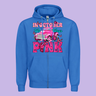 In October We Wear Pink Truck Zipper Hoodie Designed By Texasbilliewilder