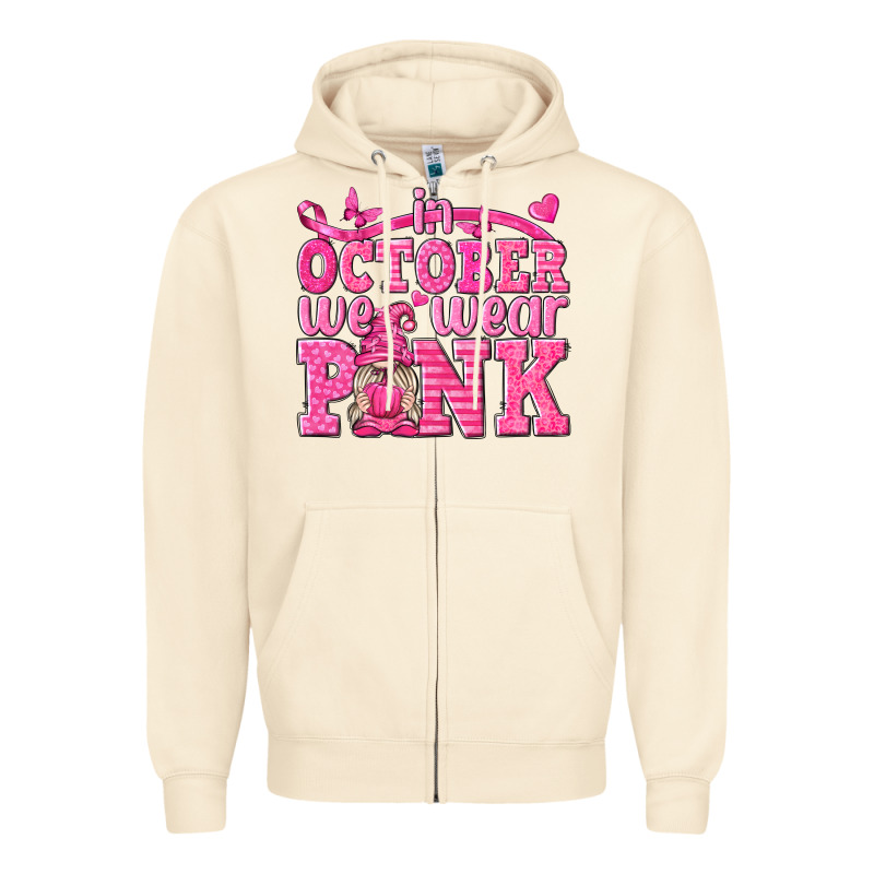 In October We Wear Pink With Gnome Zipper Hoodie by texasbilliewilder | Teevron