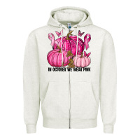 Oatmeal Heather In October We Wear Pink with Pumpkin Zipper Hoodie - texasbilliewilder