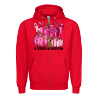 Red In October We Wear Pink with Pumpkin Zipper Hoodie - texasbilliewilder