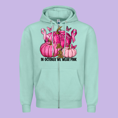 In October We Wear Pink With Pumpkin Zipper Hoodie Designed By Texasbilliewilder