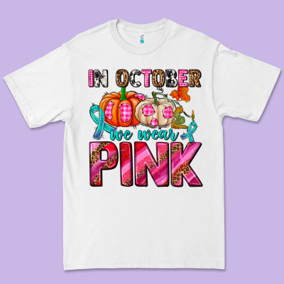 In October We Wear Pink With Pumpkins Premium Tee Designed By Adodesignshop