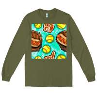 Army Green softball glove and hotdog seamless pattern Long Sleeve Tee - BundleAndBundleShop