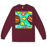 Burgundy softball glove and hotdog seamless pattern Long Sleeve Tee - BundleAndBundleShop