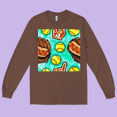 Softball Glove And Hotdog Seamless Pattern Long Sleeve Tee Designed By Bundleandbundleshop